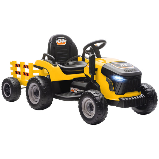 Photo of AIYAPLAY 12V Ride on Tractor and Trailer with Remote Control, Music, Shifter, Start-Up Sound, for Kids Ages 3-8 Years, Yellow in Yellow colour on a white background