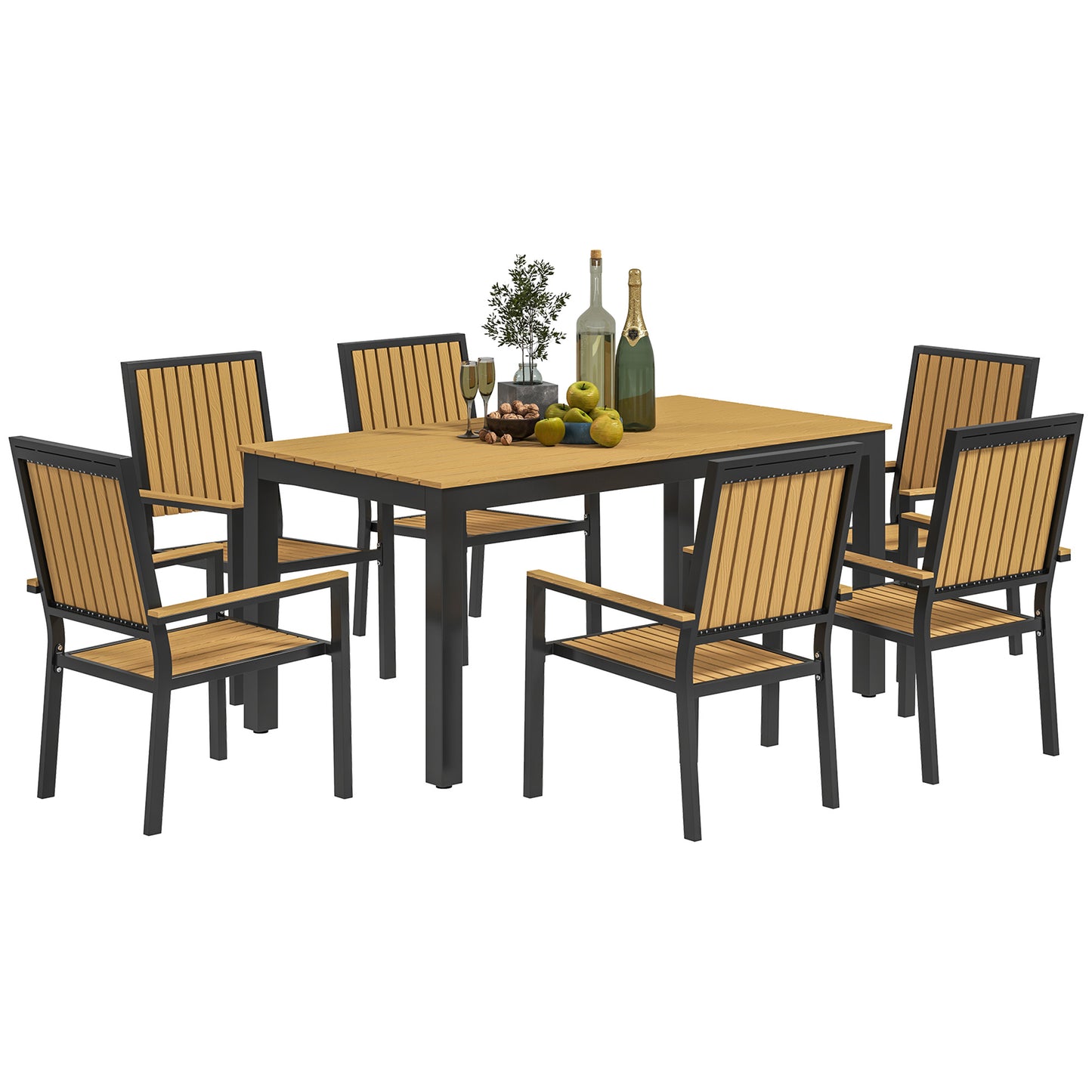 Photo of Outsunny 6 Seater Garden Dining Set with Stackable Chairs, Aluminium Frame, Rectangular Plastic Top, Garden Furniture Set, Outdoor Dining Table and Chairs for Patio, Balcony, Poolside, Nature Wood in Wood colour on a white background
