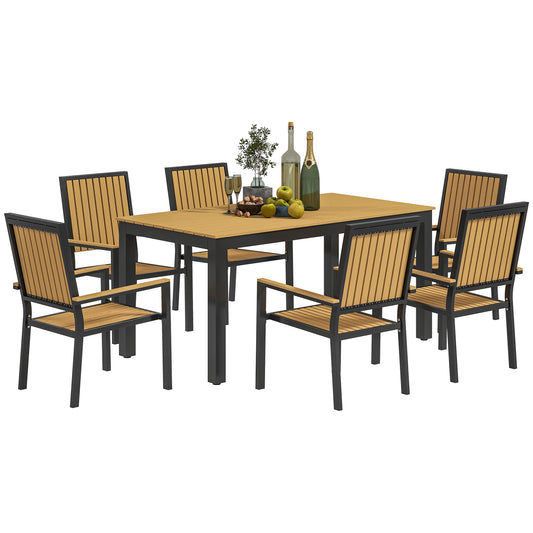 Photo of Outsunny 6 Seater Garden Dining Set with Stackable Chairs, Aluminium Frame, Rectangular Plastic Top, Garden Furniture Set, Outdoor Dining Table and Chairs for Patio, Balcony, Poolside, Nature Wood in Wood colour on a white background
