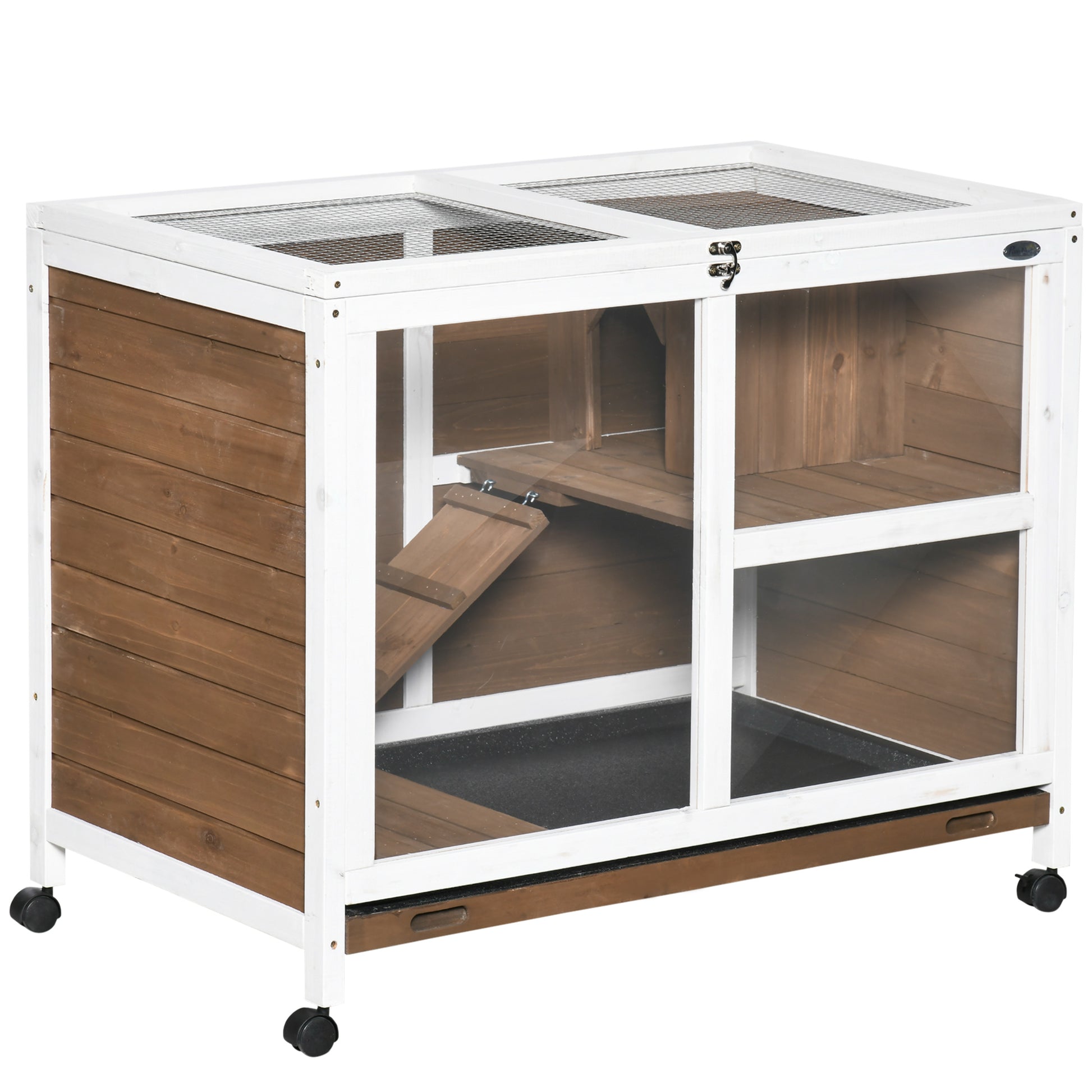 Photo of PawHut Wooden Rabbit Hutch, Bunny Cage w/ Tray, Ramp, Openable Roof, Wheels, 91.5 x 53.3 x 73cm - Brown in Brown colour on a white background
