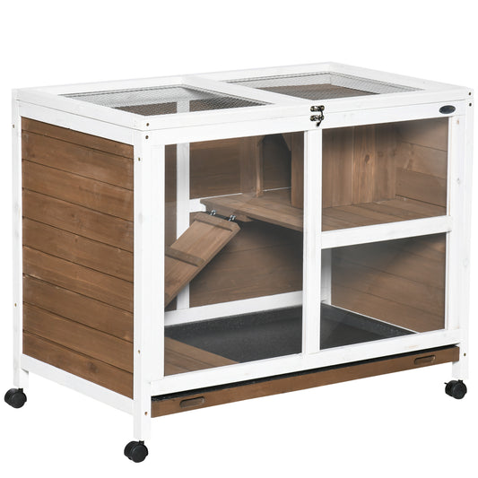 Photo of PawHut Wooden Rabbit Hutch, Bunny Cage w/ Tray, Ramp, Openable Roof, Wheels, 91.5 x 53.3 x 73cm - Brown in Brown colour on a white background