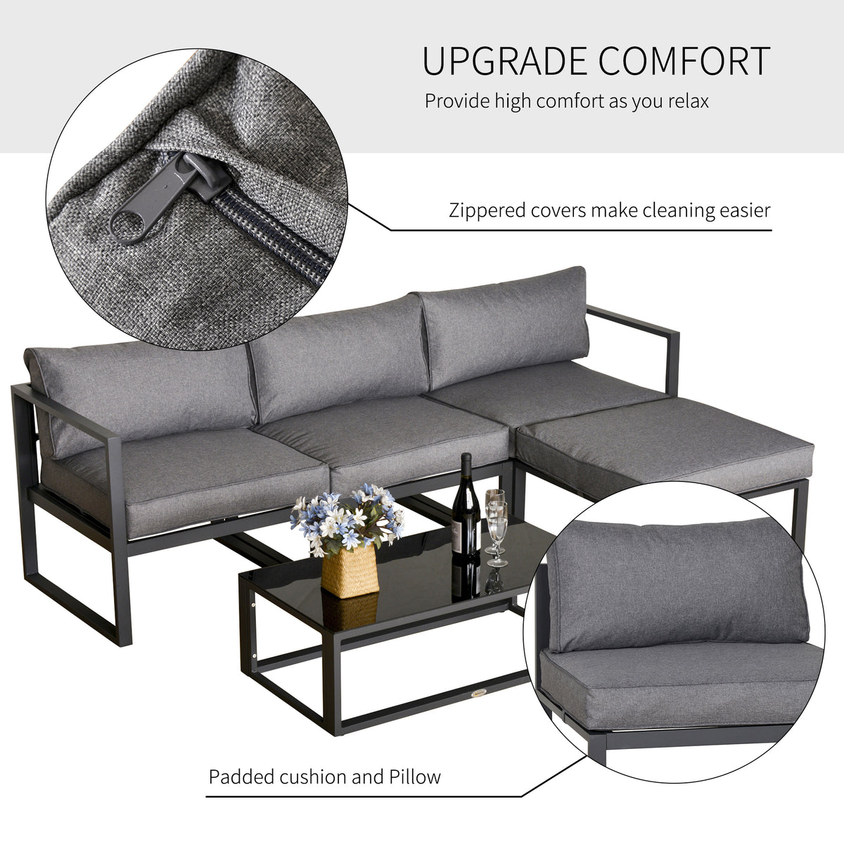 Outsunny patio set with padded gray cushions and close-up of a removable zippered cover