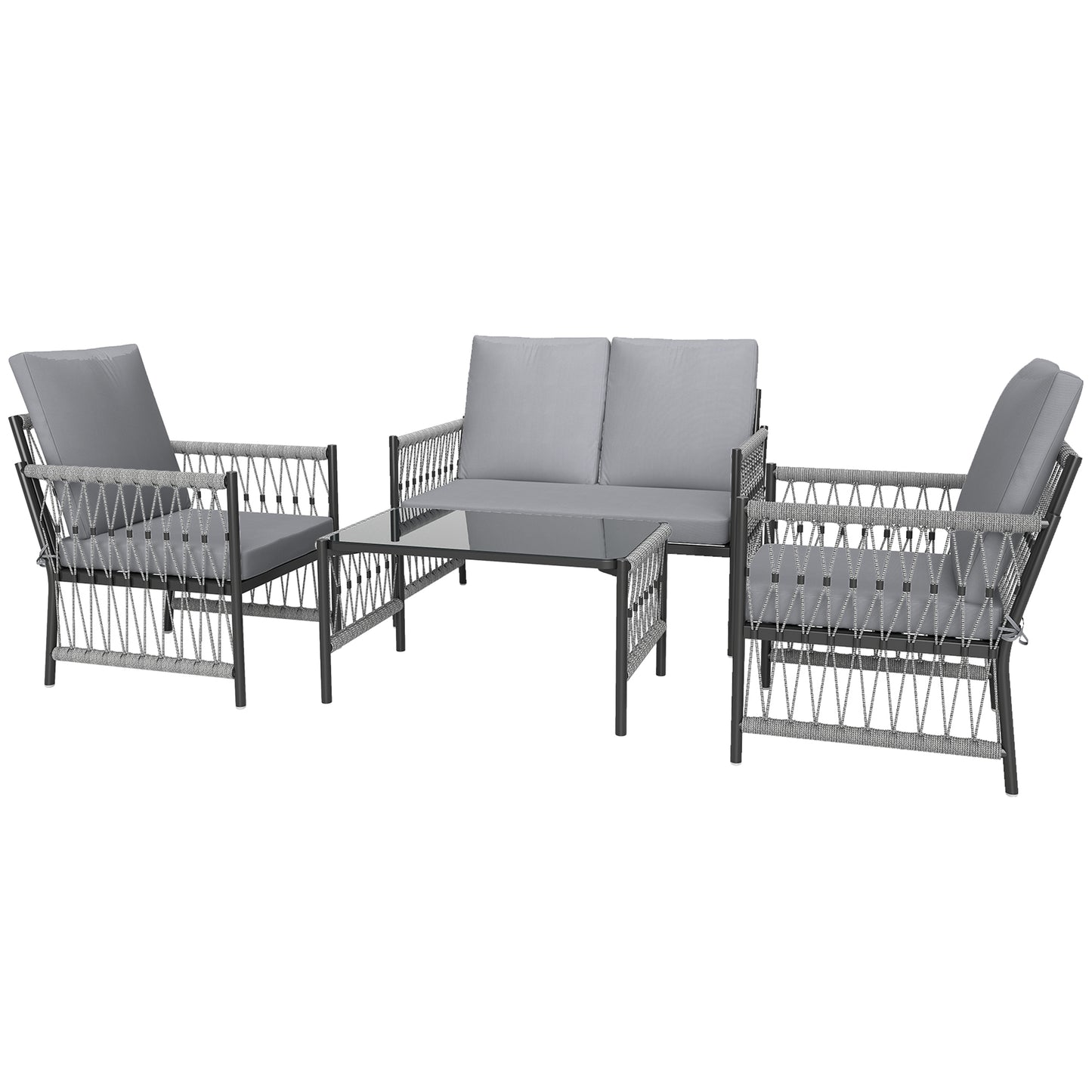 Photo of Outsunny 4 Piece Rattan Garden Furniture Set, 4 Seater Wicker Patio Conversation Set with 2 Armchairs, Loveseat, Glass Top Coffee Table and Cushions for Outdoor, Balcony, Grey in Grey colour on a white background