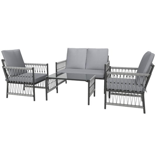 Photo of Outsunny 4 Piece Rattan Garden Furniture Set, 4 Seater Wicker Patio Conversation Set with 2 Armchairs, Loveseat, Glass Top Coffee Table and Cushions for Outdoor, Balcony, Grey in Grey colour on a white background