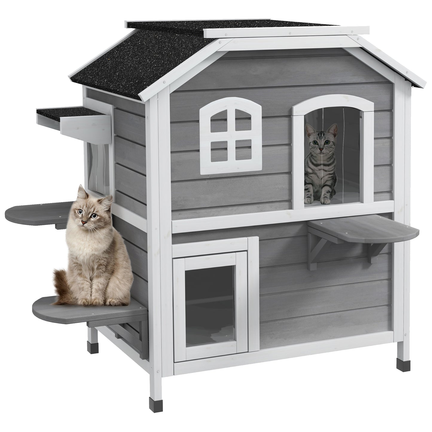 Photo of PawHut 2-story Cat House Outdoor, Weatherproof Wooden Cat Enclosure with Escape Door, Openable Roof, Jumping Platforms, Grey in Grey colour on a white background