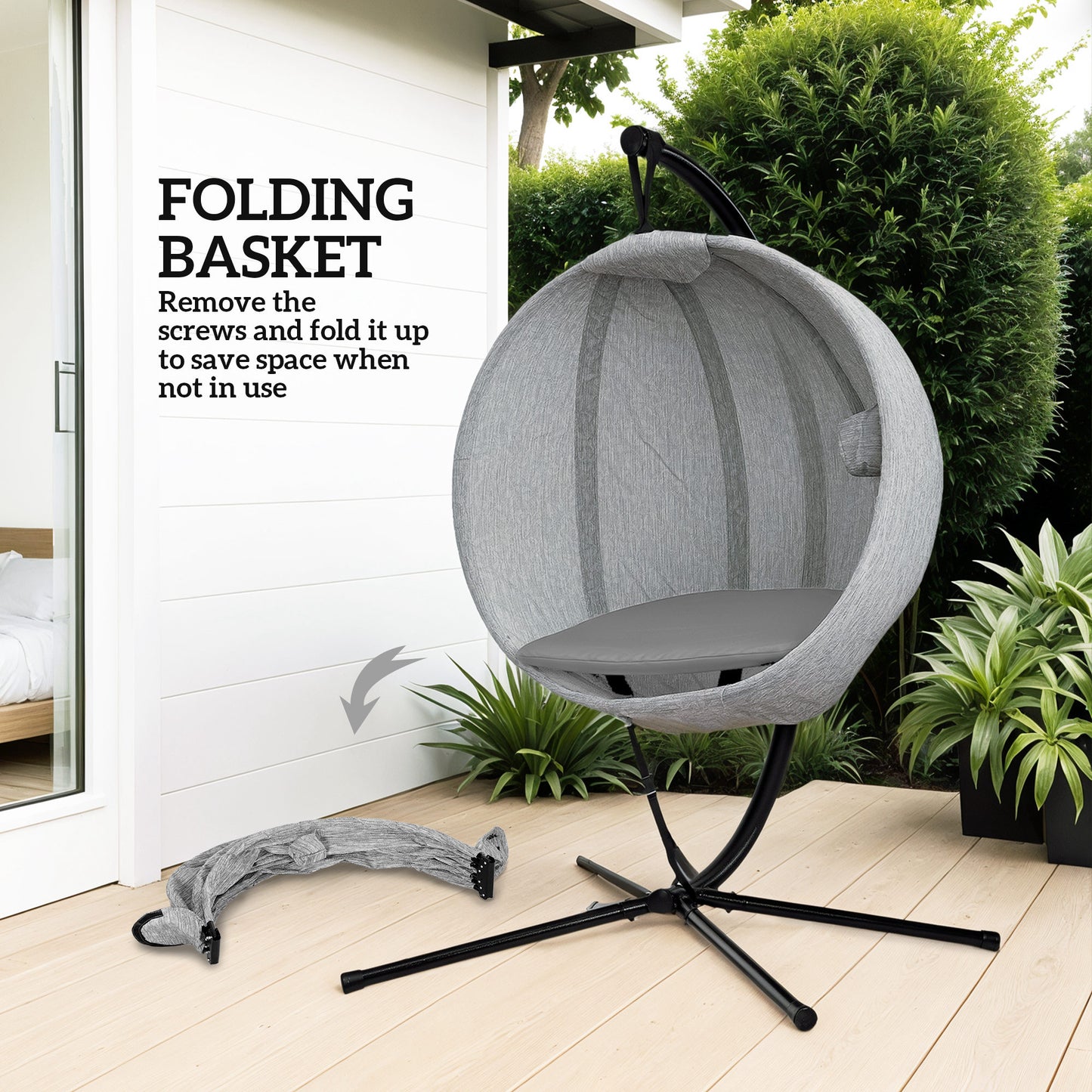 Outsunny Hanging Egg Chair Outdoor Indoor Garden Swing Chair with Folding Basket, Thickened Cushion, Cup Holder for Patio, Balcony, Grey