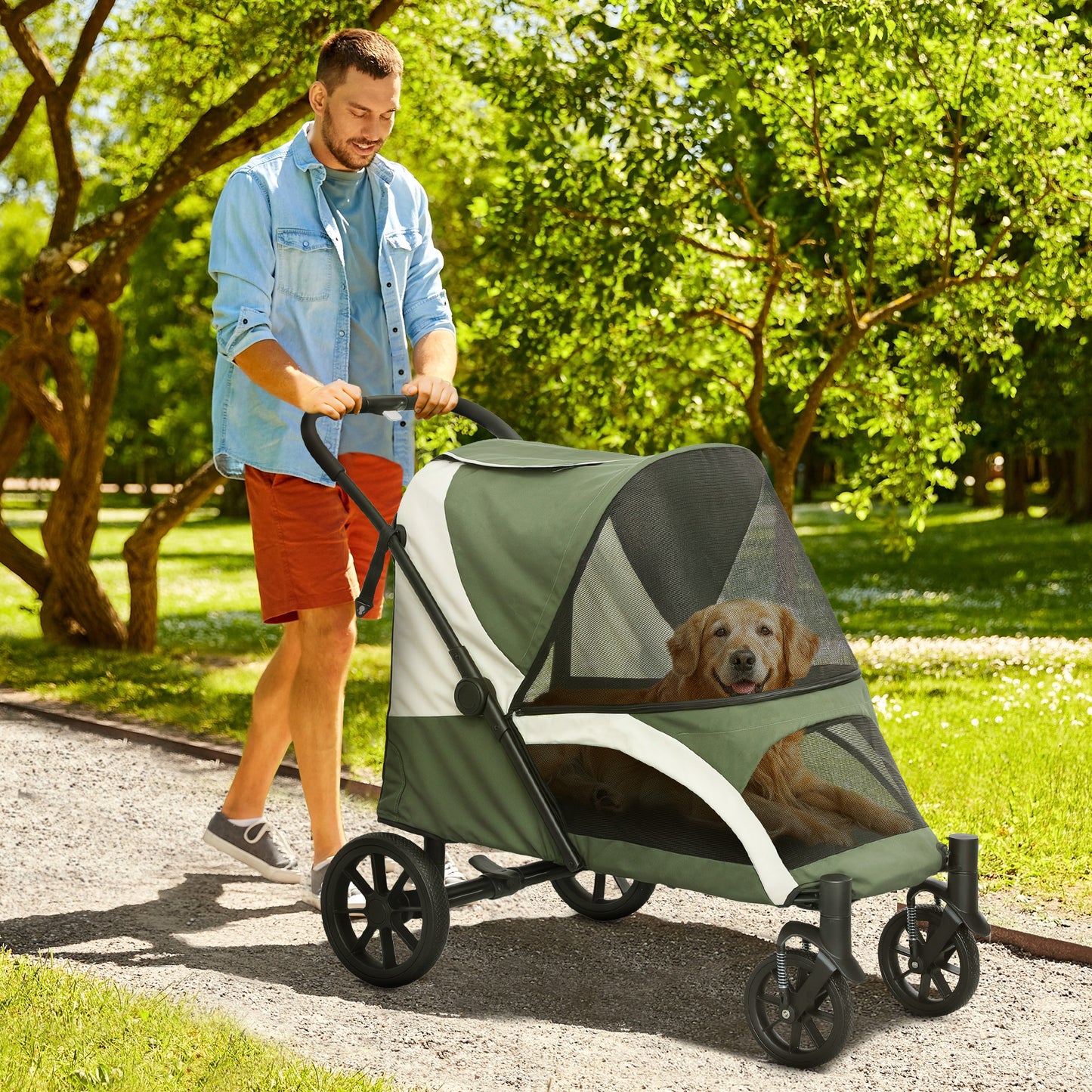 PawHut Foldable Pet Stroller for Large Dogs with Four Big Wheels, Shock-Absorbing Frame, Safety Leashes, Brakes, Dark Green