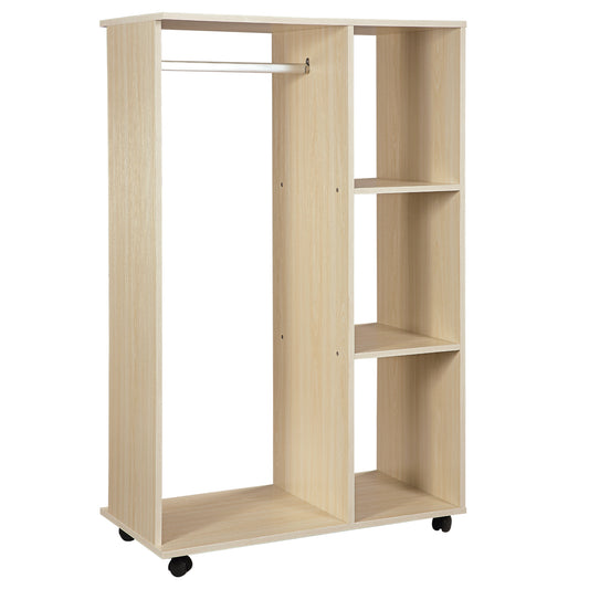 Photo of HOMCOM Open Wardrobe on Wheels, Bedroom Wardrobe with Clothes Hanging Rail, 3 Storage Shelves, Mobile Garment Rack for Cloakroom, Hallway, Maple Wood-Effect in Wood-Effect colour on a white background