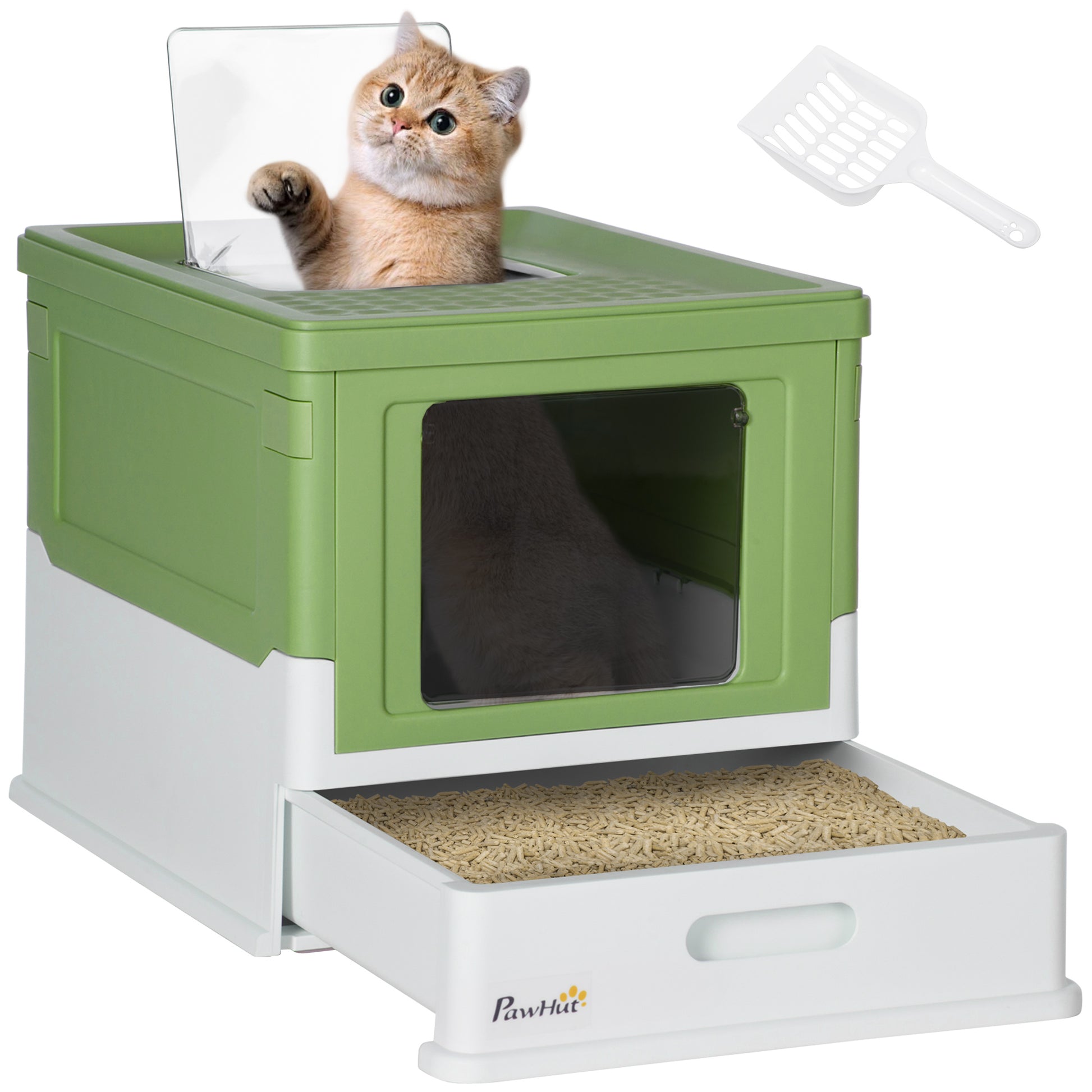Photo of PawHut Hooded Cat Litter Box, Portable Pet Toilet, with Scoop, Front Entry - Emerald Green in Green colour on a white background