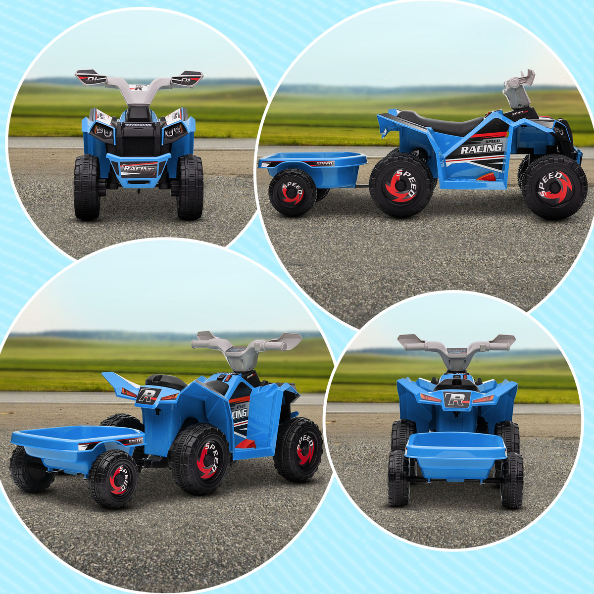 Blue quad bike with rear trailer shown from front, side, and rear angles.
