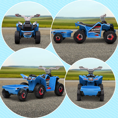 Blue quad bike with rear trailer shown from front, side, and rear angles.