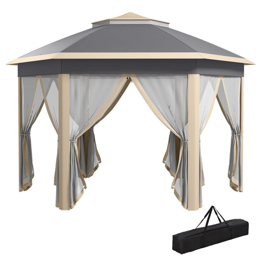Photo of Outsunny Hexagon Pop Up Gazebo Outdoor Patio Gazebo Double Roof Instant Shelter with Netting, 3 x 4m, Khaki in Khaki colour on a white background