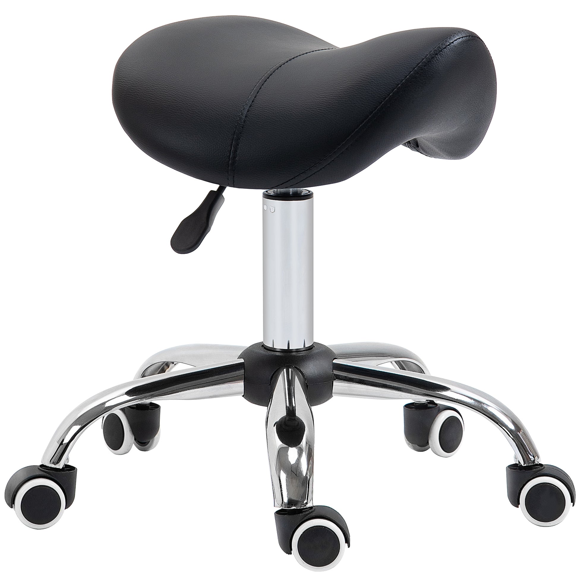 Photo of HOMCOM Cosmetic Stool 360° Rotate Height Adjustable Salon Massage Spa Chair Hydraulic Rolling Faux Leather Saddle Stool Mobility, Black in Black colour on a white background