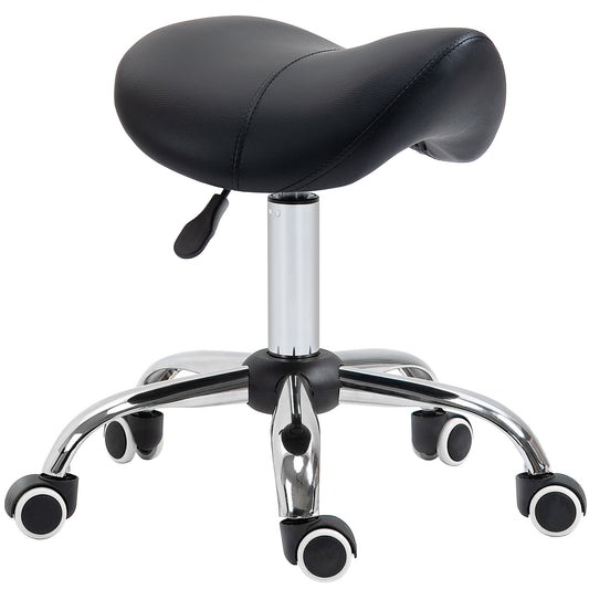 Photo of HOMCOM Cosmetic Stool 360° Rotate Height Adjustable Salon Massage Spa Chair Hydraulic Rolling Faux Leather Saddle Stool Mobility, Black in Black colour on a white background
