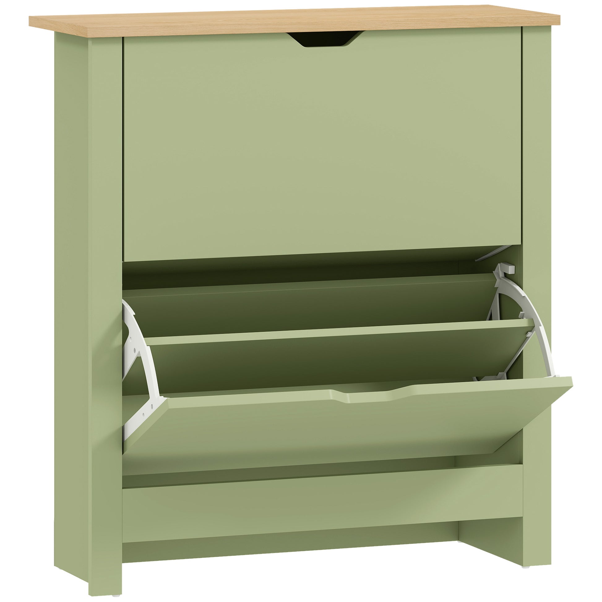 Photo of HOMCOM Slim Shoe Cabinet, Narrow Shoe Cupboard with 2 Flip Drawers, Adjustable Shelves for 12 Pairs of Shoes, Green in Green colour on a white background