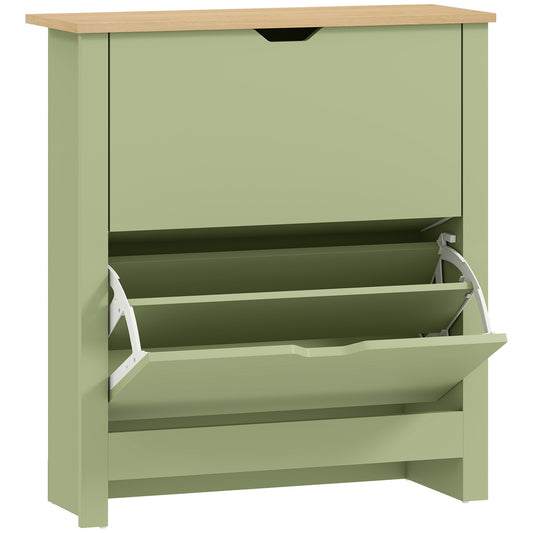 Photo of HOMCOM Slim Shoe Cabinet, Narrow Shoe Cupboard with 2 Flip Drawers, Adjustable Shelves for 12 Pairs of Shoes, Green in Green colour on a white background