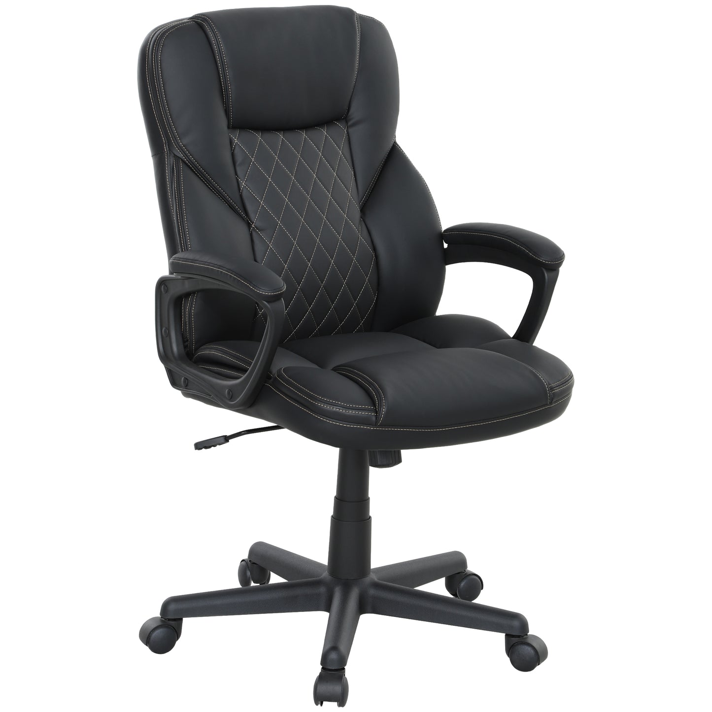 Photo of HOMCOM High Back Executive Office Chair, PU Leather Swivel Desk Chair with Tilt Function, Armrests and Adjustable Height for Home Office, Black in Black colour on a white background
