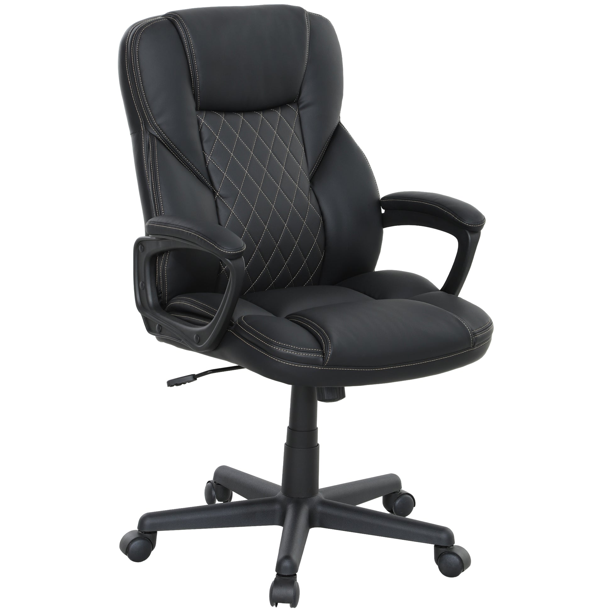Photo of HOMCOM High Back Executive Office Chair, PU Leather Swivel Desk Chair with Tilt Function, Armrests and Adjustable Height for Home Office, Black in Black colour on a white background