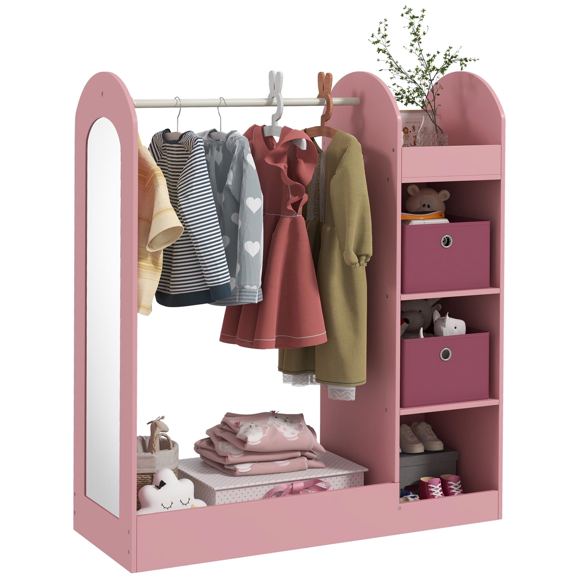 Photo of AIYAPLAY Kids Clothes Rail with Storage Shelf, Boxes, Mirror for Bedroom, Nursery, Pink in Pink colour on a white background
