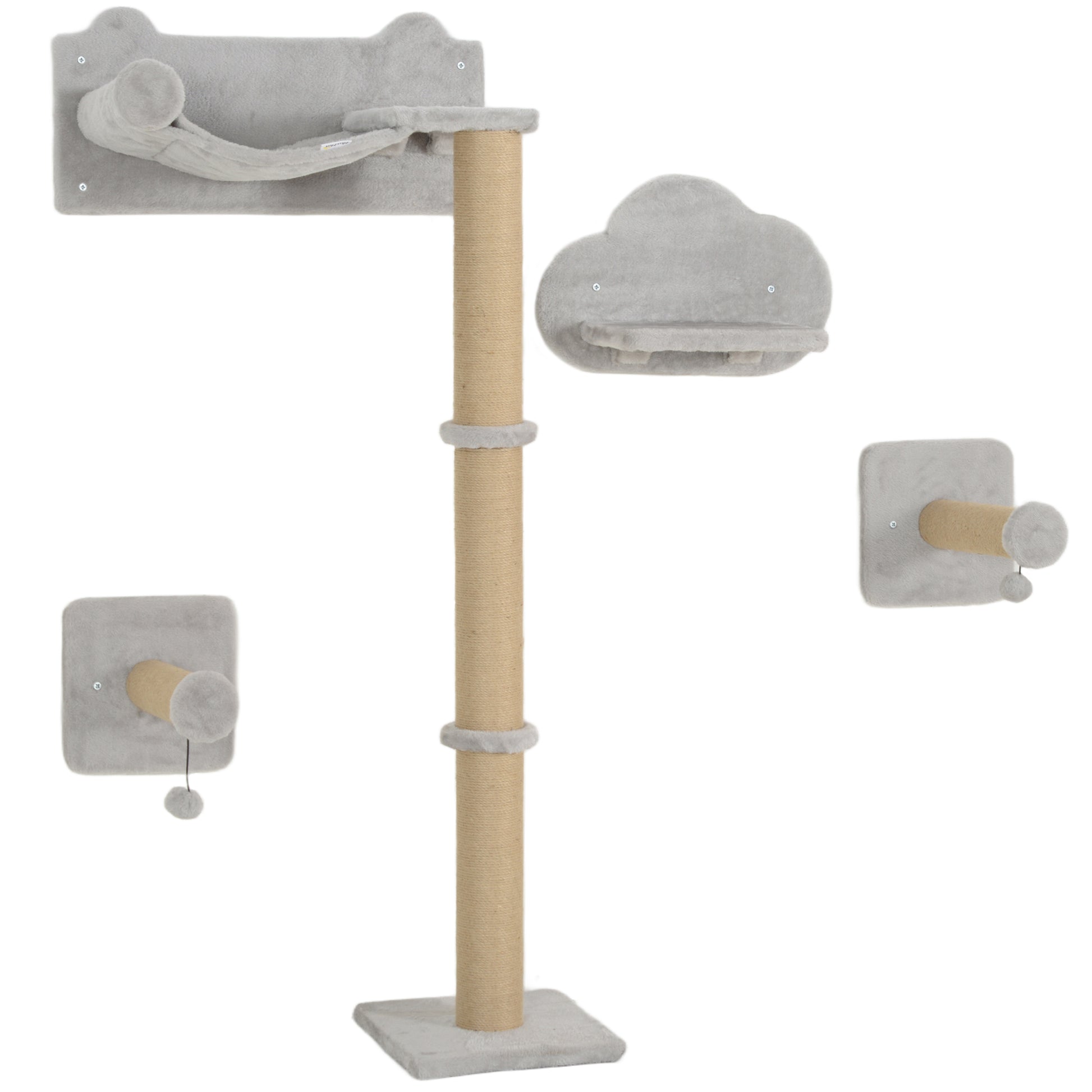 Photo of PawHut 4-Piece Cat Shelves w/ Scratching Post, Steps, Jumping Platform, Ladder, Toy Balls, for Indoor Cats, Light Grey in Grey colour on a white background