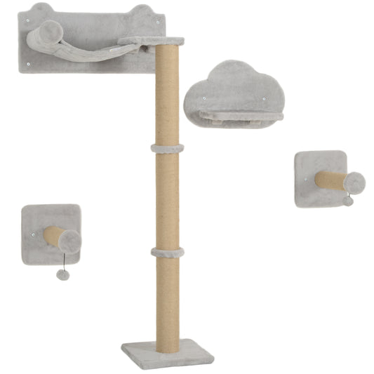 Photo of PawHut 4-Piece Cat Shelves w/ Scratching Post, Steps, Jumping Platform, Ladder, Toy Balls, for Indoor Cats, Light Grey in Grey colour on a white background