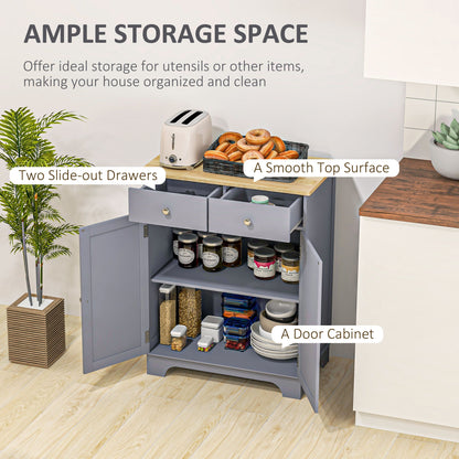 Open grey sideboard showing two drawers, storage shelves, and a two-door cabinet