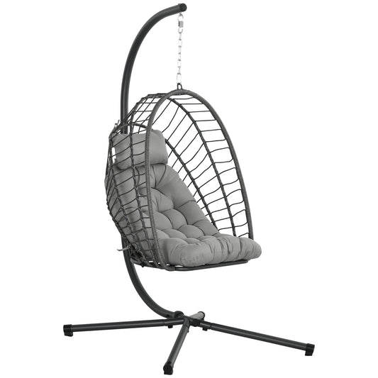 Photo of Outsunny Outdoor PE Rattan Swing Chair with Foldable Basket and Cushion, Garden Patio Hanging Egg Chair with Metal Stand, Headrest for Indoor and Outdoor, Light Grey in Grey colour on a white background