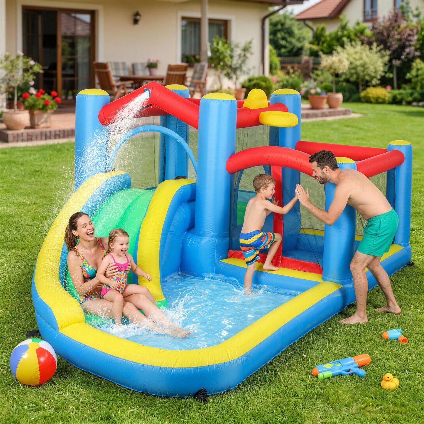 AIYAPLAY Inflatable Bouncy Castle with 550W Blower, Basketball Hoop, Long Slide, Dart Board, Carrying Bag, 385 x 290 x 180 cm