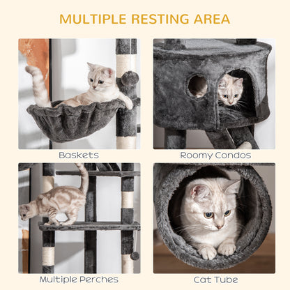 Cat tree resting spots shown with a cat in a basket, condo, perch and tube