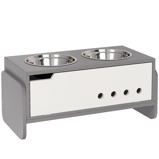 Photo of PawHut 3 Height Adjustable Raised Dog Bowls, Dog Feeding Storage Station w/ Slow Feeder Mat, 2 Stainless Steel Bowls in Bowls colour on a white background