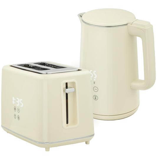 Photo of HOMCOM Digital Stainless Steel Kettle and Toaster Set, 1.5L 3000W Fast Boil Kettle, 2 Slice Toaster with 7 Level Browning Controls, Defrost, Reheat, Keep Warm, Crumb Tray and LED Touch Display, Beige in Beige colour on a white background