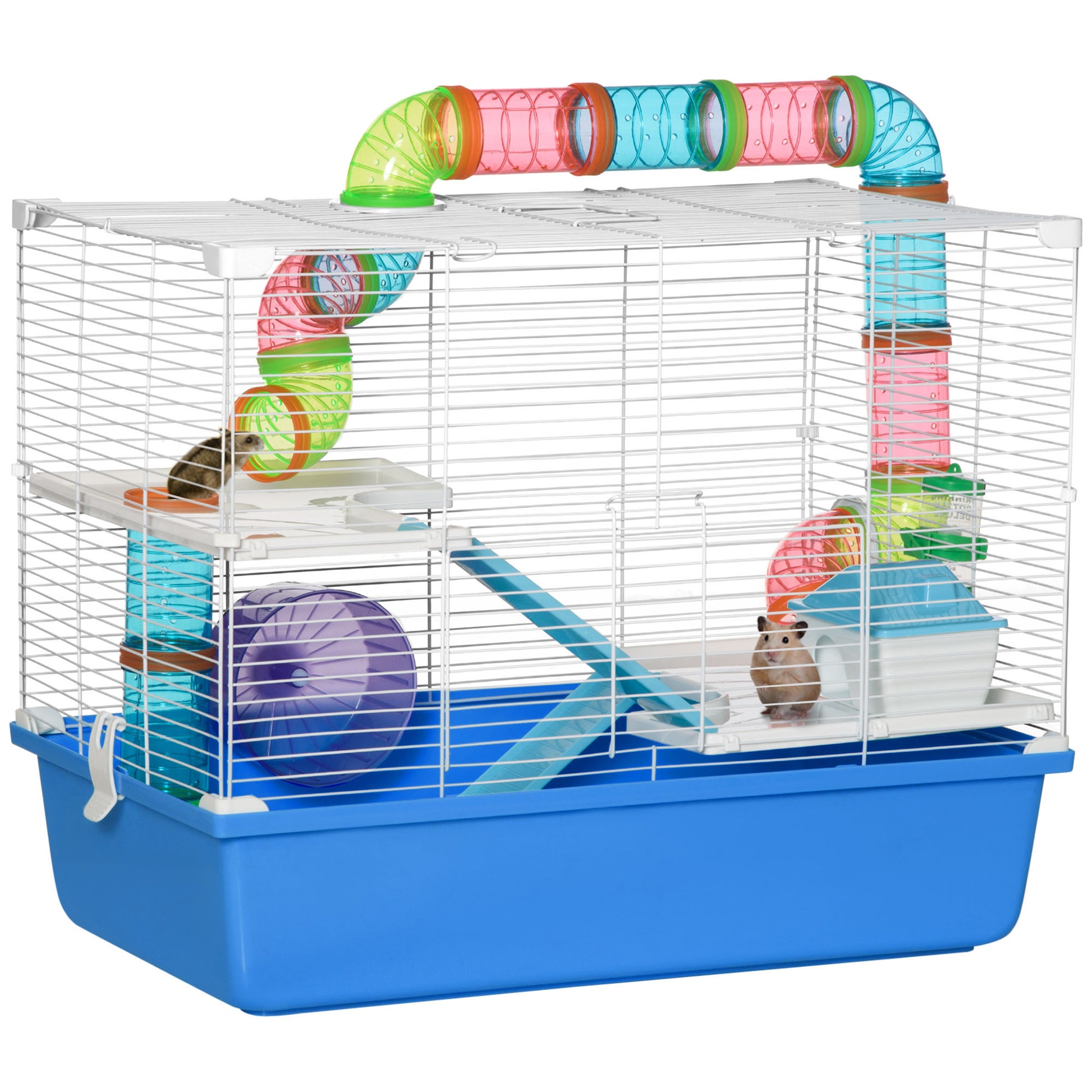 Photo of PawHut Hamster Cage, Gerbil Cage 3 Tier for Dwarf Hamster with Tube, Exercise Wheel, Water Bottle, Food Dish 59 x 36 x 47 cm- Blue in Blue colour on a white background