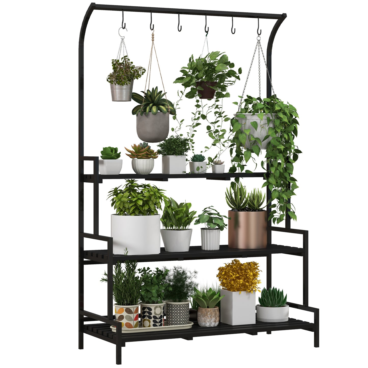 Photo of Outsunny 3 Tiered Plant Rack with Hanging Hooks, Tall Plant Stand for Indoor Outdoor Porch Balcony Use, Black in Black colour on a white background