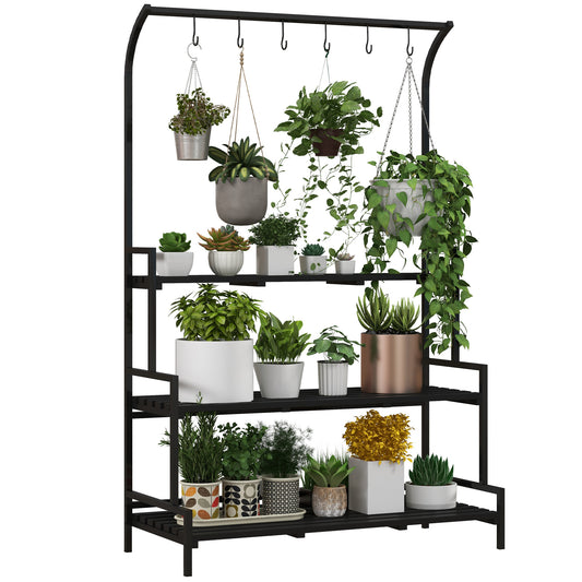 Photo of Outsunny 3 Tiered Plant Rack with Hanging Hooks, Tall Plant Stand for Indoor Outdoor Porch Balcony Use, Black in Black colour on a white background