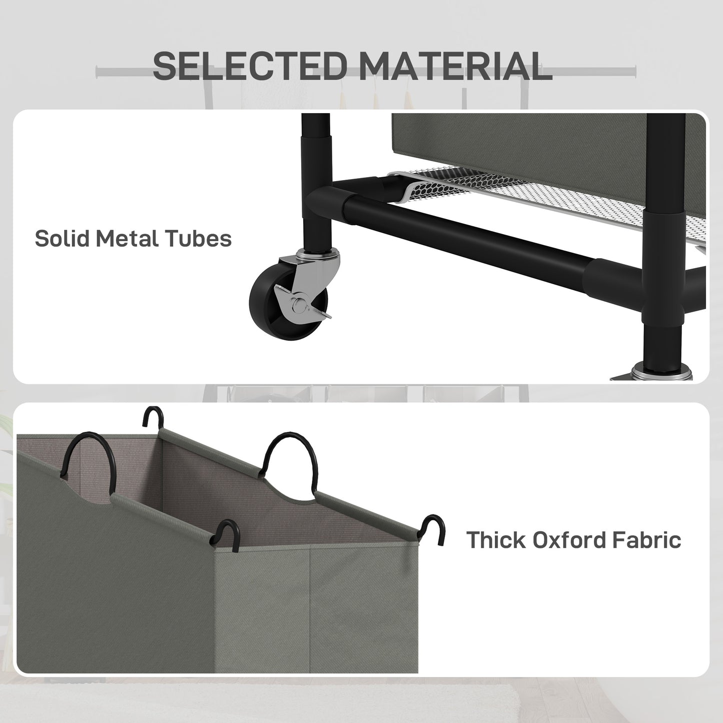 HOMCOM 3x 42L Laundry Basket Unit, with Hanging Rail - Black/Grey