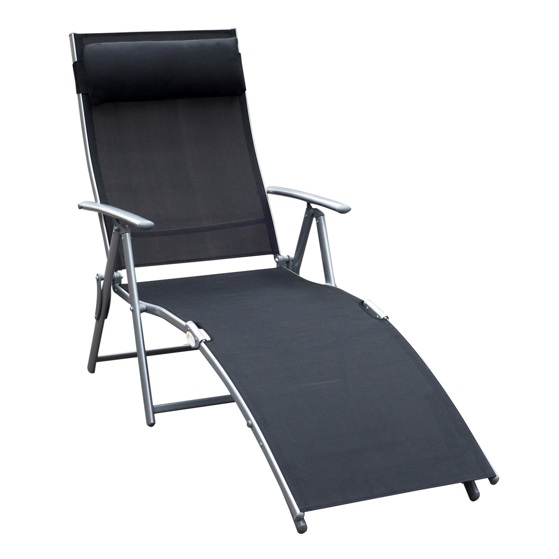 Photo of Outsunny Sun Lounger Steel Frame Outdoor Folding Chaise Texteline Lounge Chair Recliner with Headrest & 7 Levels Adjustable Backrest, Black in Black colour on a white background
