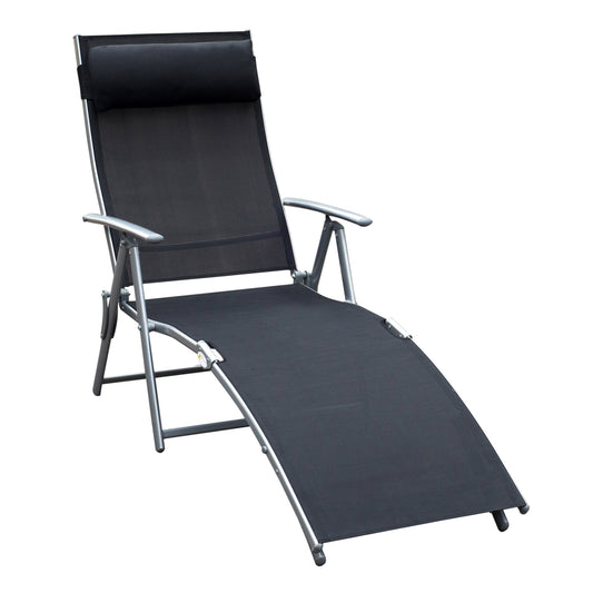 Photo of Outsunny Sun Lounger Steel Frame Outdoor Folding Chaise Texteline Lounge Chair Recliner with Headrest & 7 Levels Adjustable Backrest, Black in Black colour on a white background