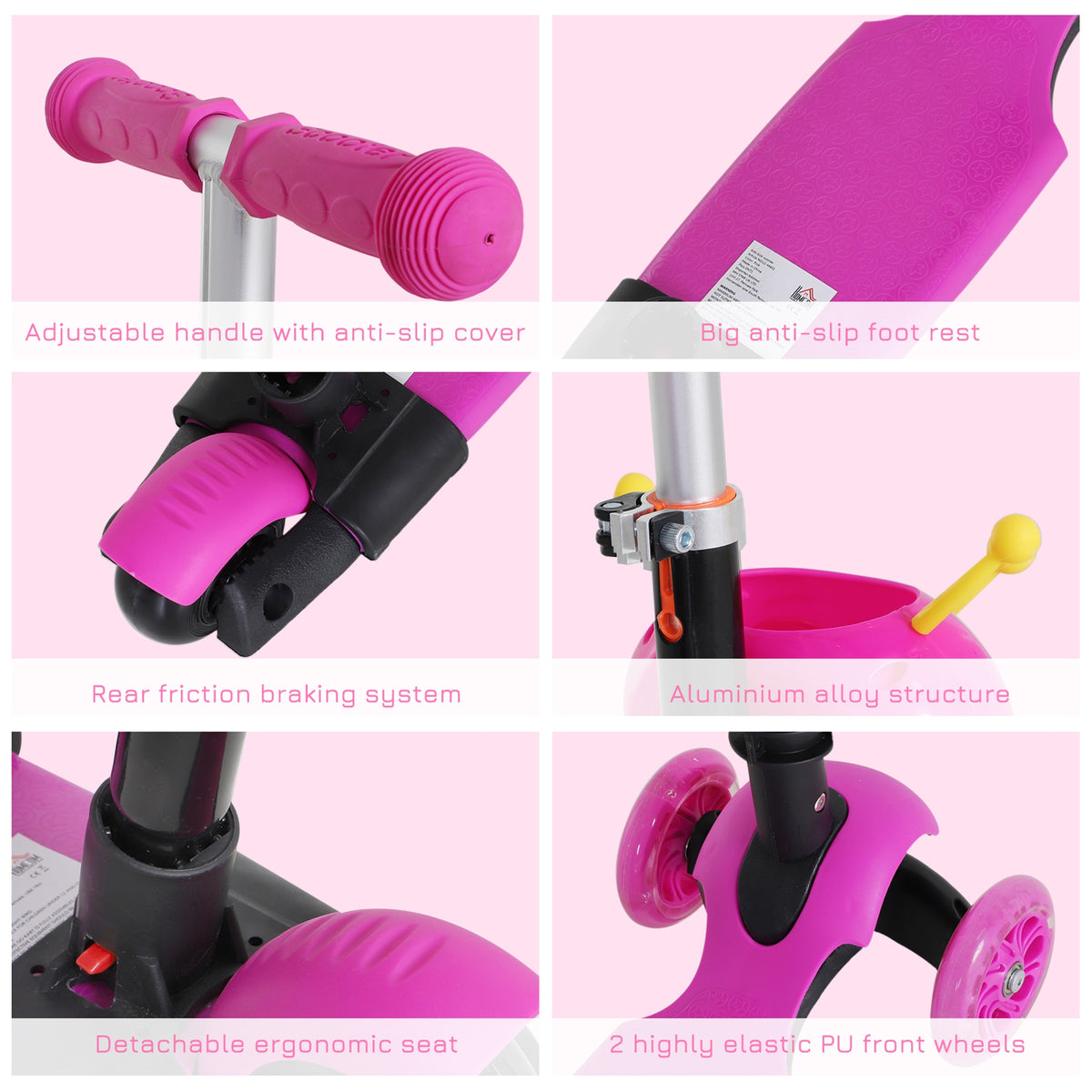 Pink scooter details: grip, textured deck, rear brake, alloy frame, seat and front wheels