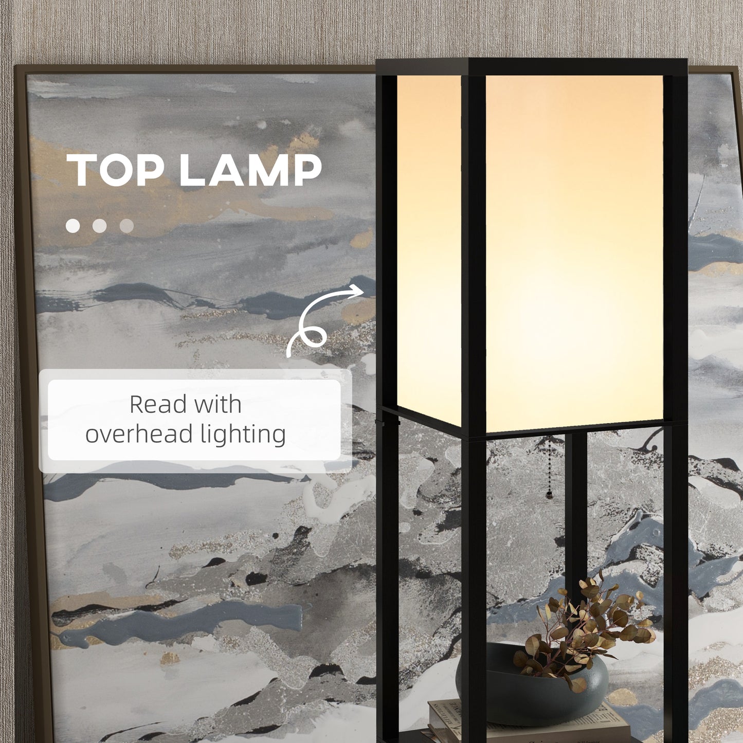 HOMCOM 3-Tier Floor Lamp with Shelves and Storage, Modern Standing Lamp with Lampshade, Reading Light with Chain Switch for Living Room, Bedroom, Home Office, Bulb not Included, Black