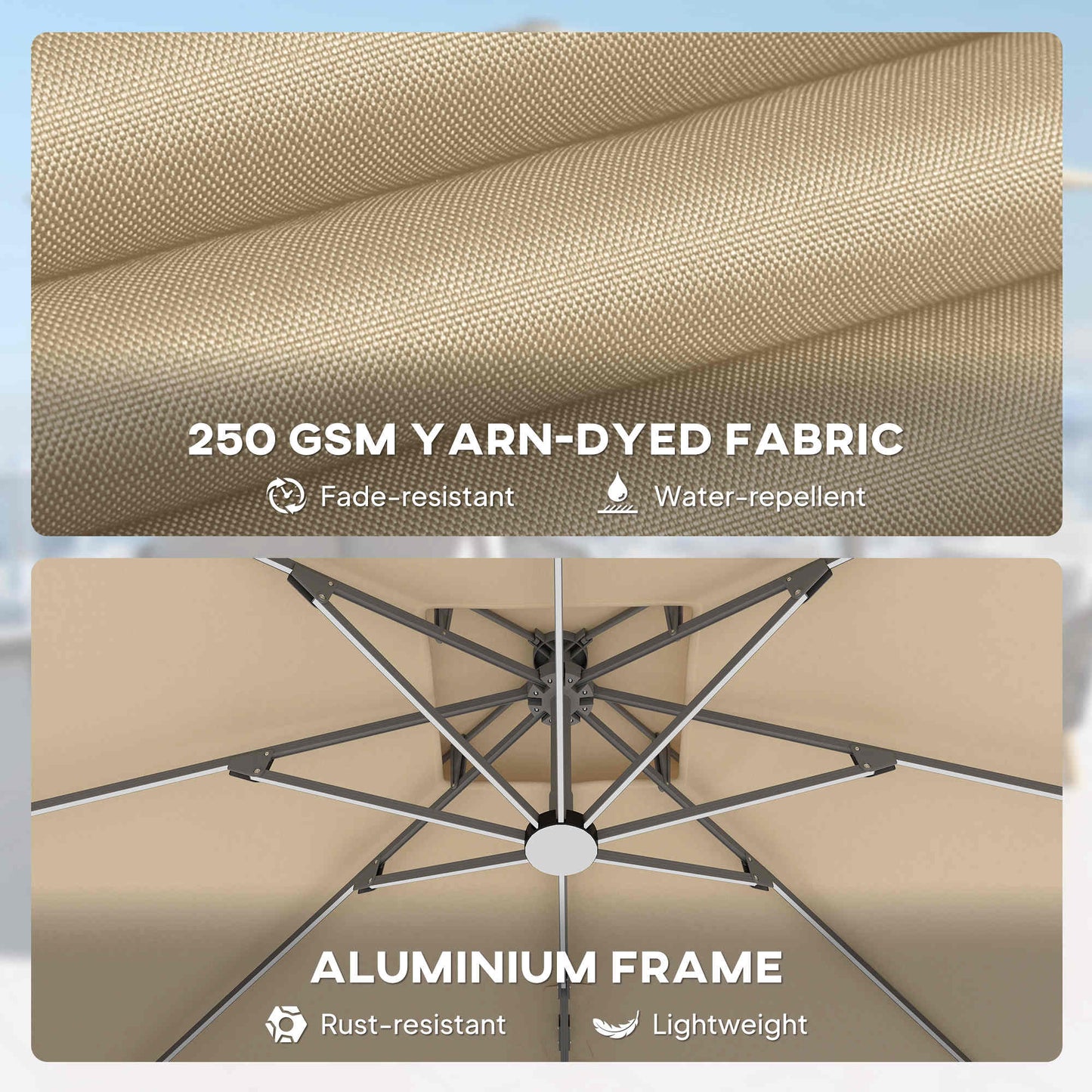 Outsunny 3 x 3(m) Aluminium Sun Square Canopy Top with Adjustable Pole Angle, Khaki