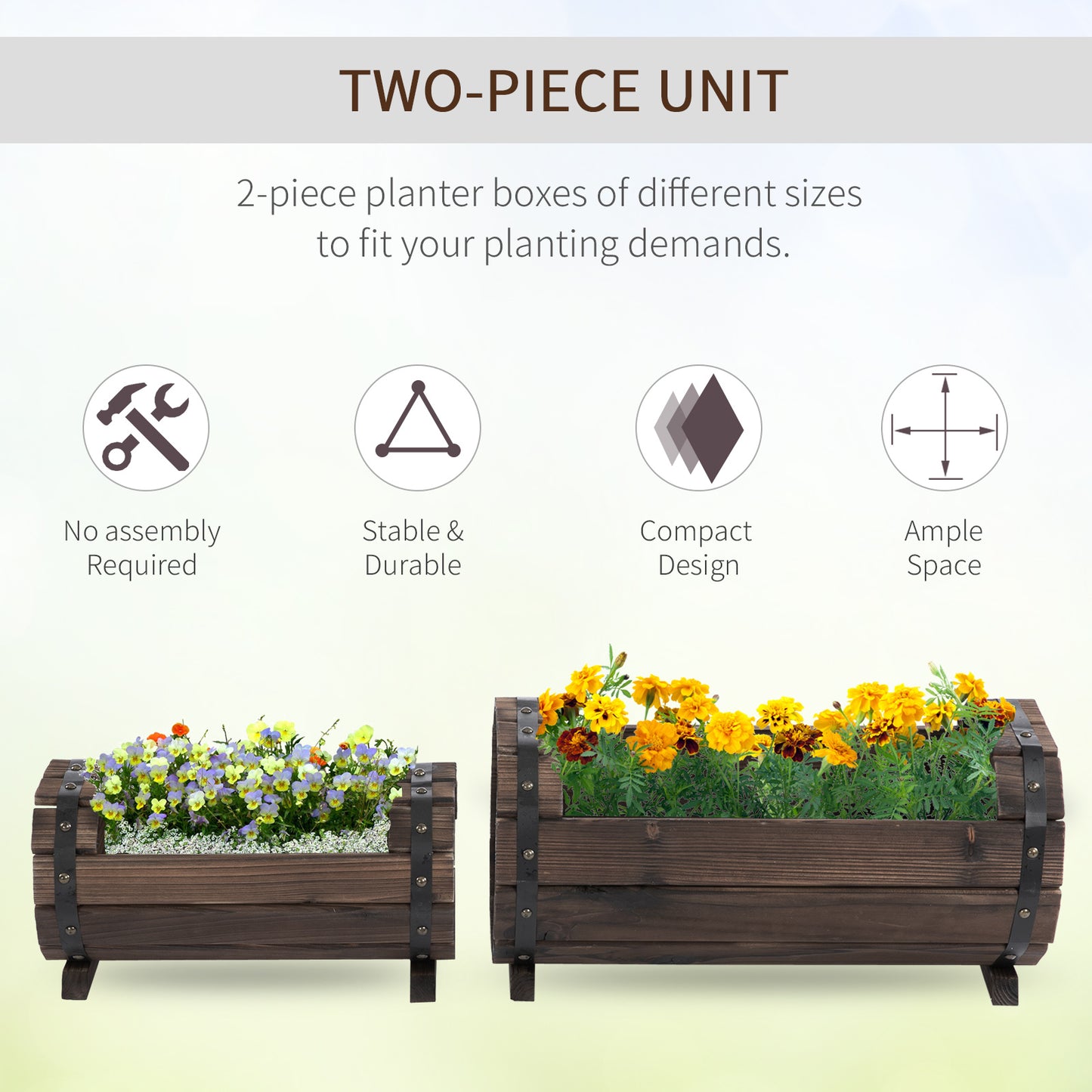 Outsunny 2PCs 56L Wooden Planter Box Flower Plant Pot Outdoor Flower Beds Plant Box with Solid Wood Carbonized Colour