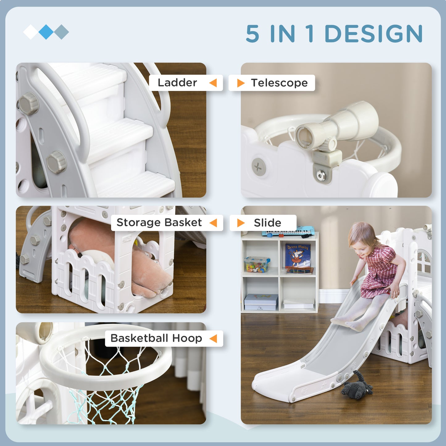 AIYAPLAY 5 in 1 Toddler Slide with Basketball Hoop, Climber, Telescope, Storage Basket, for Ages 1-3 Years, Grey