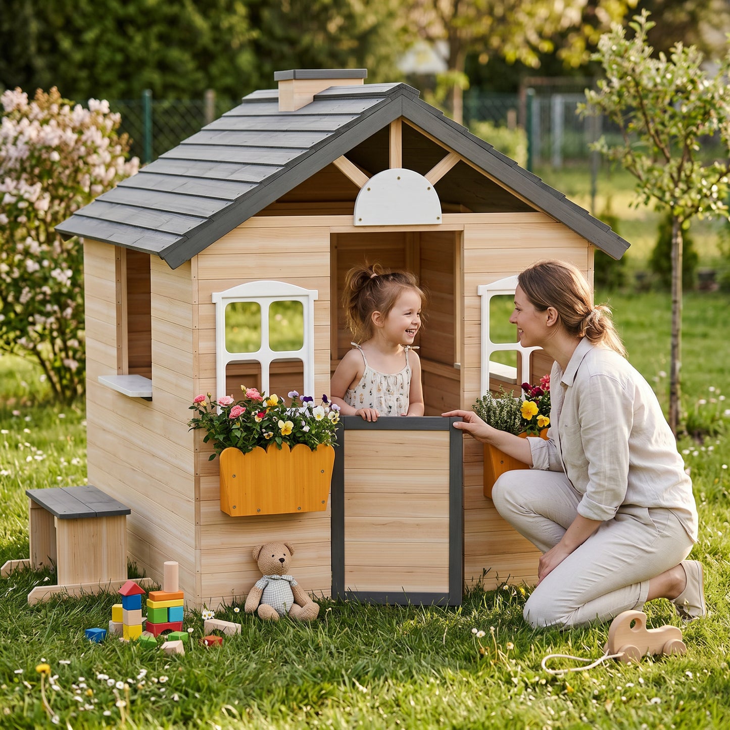 Outsunny Wooden Playhouse for Kids Outdoor Wendy House with Door, windows, Bench, Service Stations, Flowerpot Holder, For Ages 3-7 Years