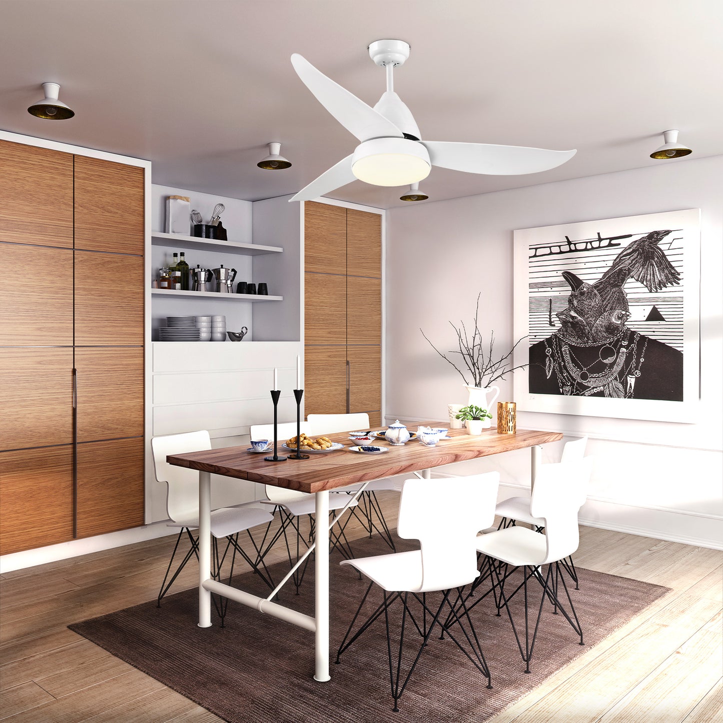 HOMCOM Modern Ceiling Fan with Light, 48-Inch White Small Fans for Bedroom Indoor, Reversible Flush Mount Low Profile Ceiling Light with Remote Control, 3 Blades, 6 Speeds, Timer