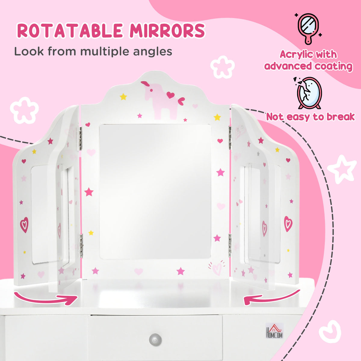 White tri-fold vanity mirror with decorative decals and side panels angled outward