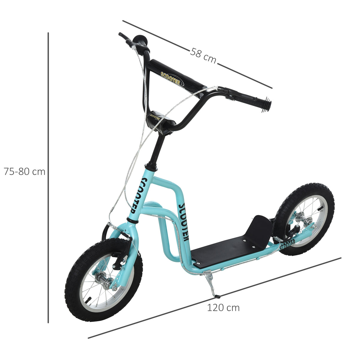 Blue kids' kick scooter with black handlebars, dual brakes, rubber tires and 120 cm frame