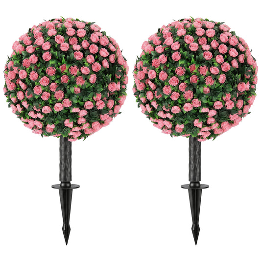 Photo of HOMCOM Artificial Rose Topiary UV Resistant, 2-Pack Fake Plants, 55 cm, Pink in Pink colour on a white background