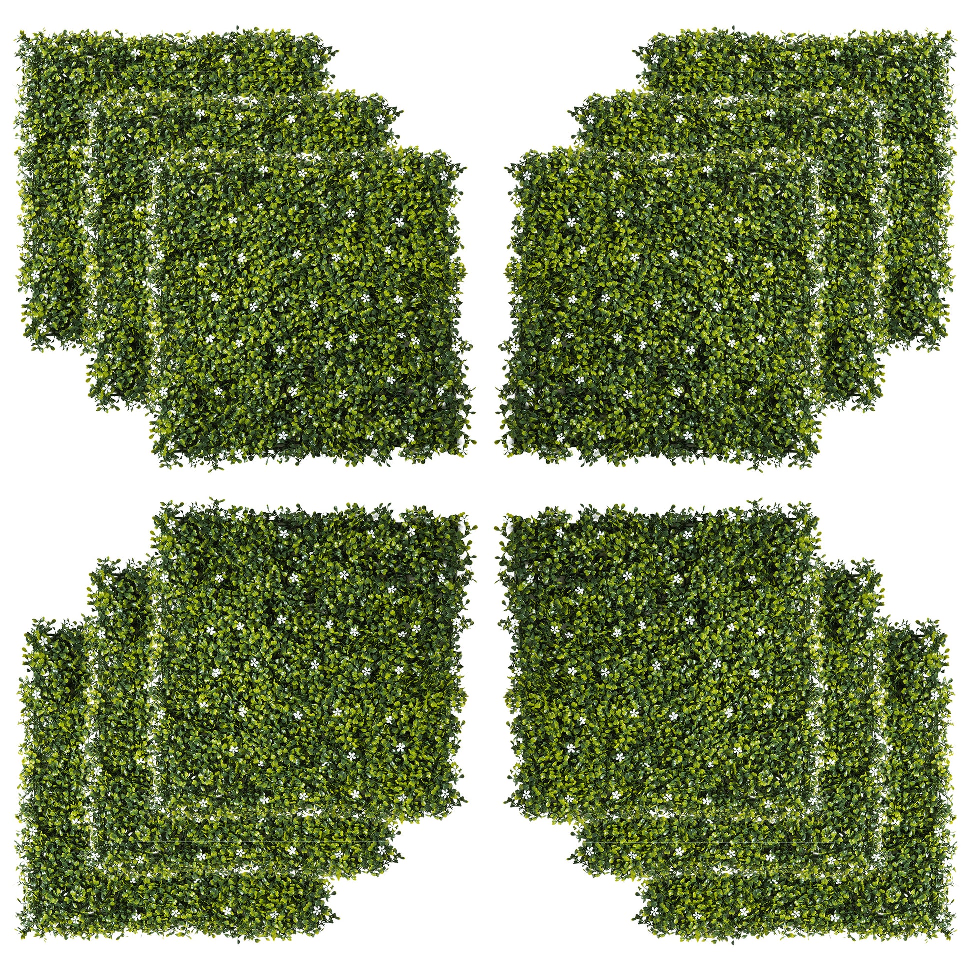Photo of Outsunny 12PCS Artificial Boxwood Wall Panels 50cm x 50cm Grass Privacy Fence Screen Faux Hedge Greenery Backdrop Encrypted Milan Grass with White Flowers for Home Garden Backyard Balcony in Balcony colour on a white background