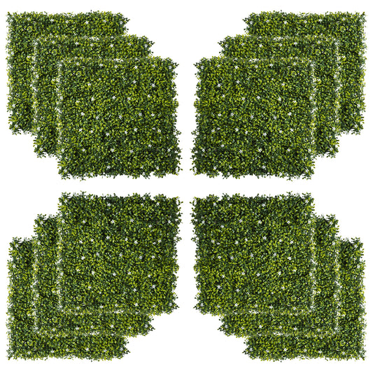 Photo of Outsunny 12PCS Artificial Boxwood Wall Panels 50cm x 50cm Grass Privacy Fence Screen Faux Hedge Greenery Backdrop Encrypted Milan Grass with White Flowers for Home Garden Backyard Balcony in Balcony colour on a white background