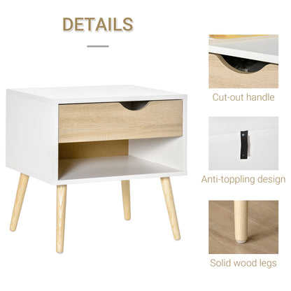 HOMCOM bedside table with cut-out drawer handle, anti-tip strap, and solid wood legs